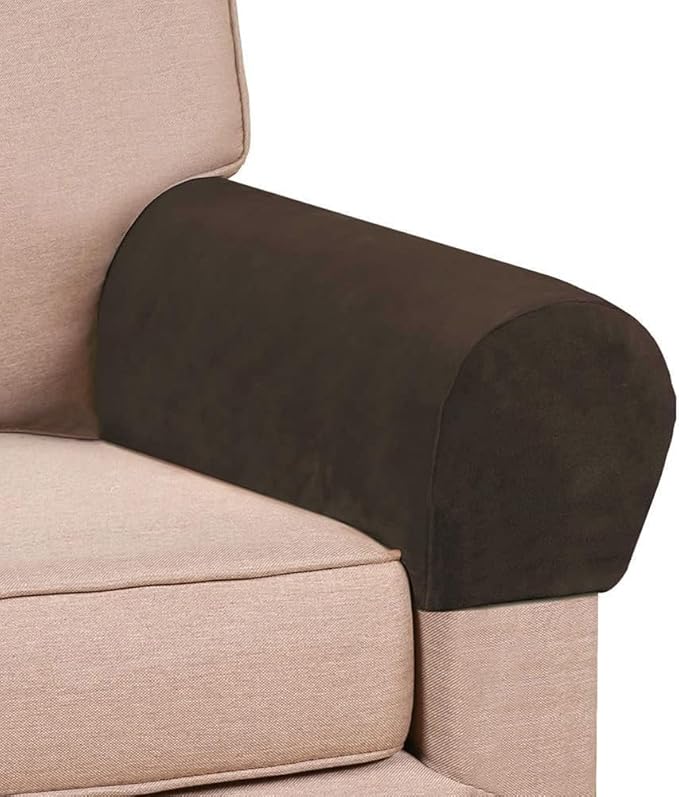 Soft Sofa Armrest Covers - Skin-Friendly Stretch Polyester, Comfortable Scratch Resistant for Square/Curved/Reclining Armrests, One Pair, Dark Brown
