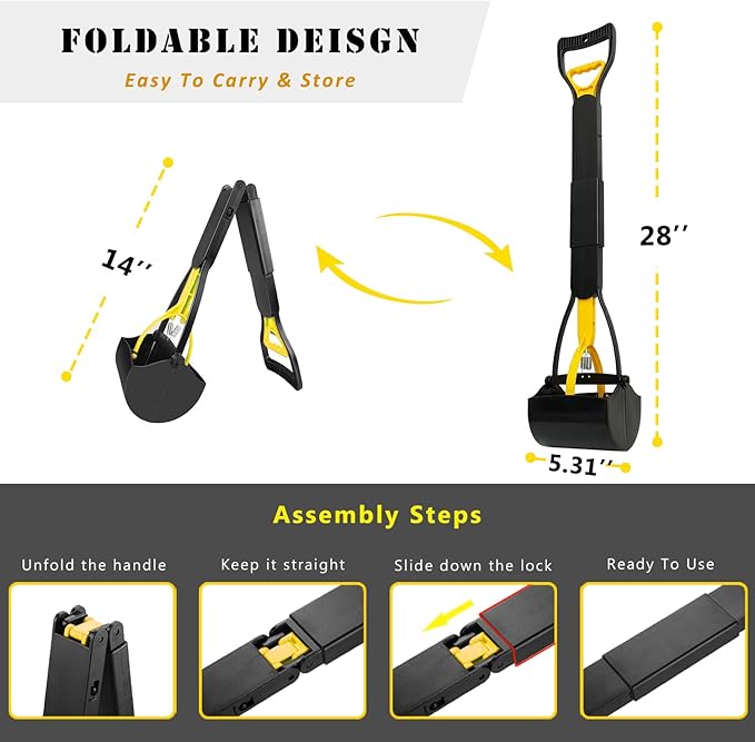28 Inch Long Handle Pooper Scooper for Small & Large Dogs, Foldable Dog Poop Picker Upper for Yard, Avoid Bending Over for Easy Pick Up