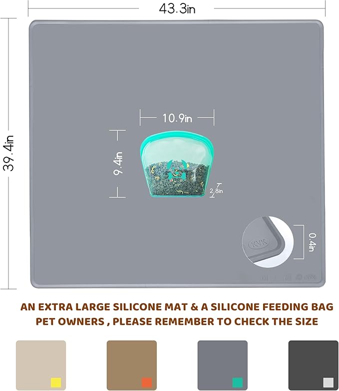 Extra Extra Large Silicone Dog Food Mat 39.4×43.3in and 128oz Silicone Bag Set, Super Size Waterproof Pet Feeding Mat & Container, Non-Slip, Chew-Resistant Floor Protection (Cool Grey&Teal)