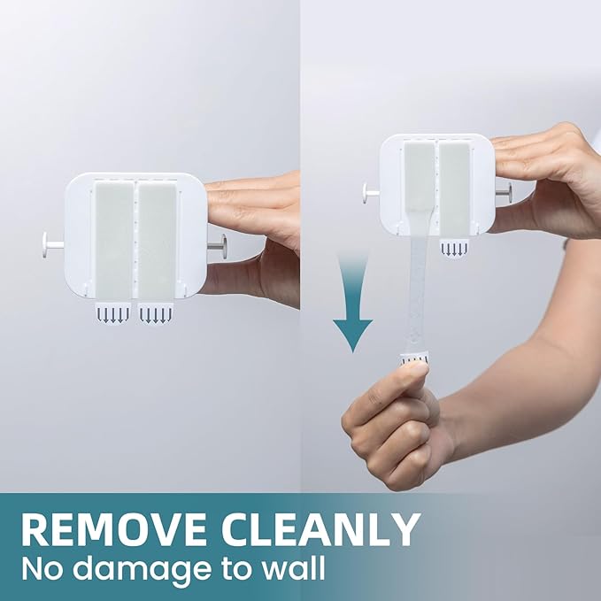 TAILI Mop and Broom Holder Wall Mount Grippers, 2 Hangers and 6 Adhesive Strips, Damage Free Hanging Wall Mount, Household Cleaning Organizer for Organization and Storage, Holds up to 4 lbs, White
