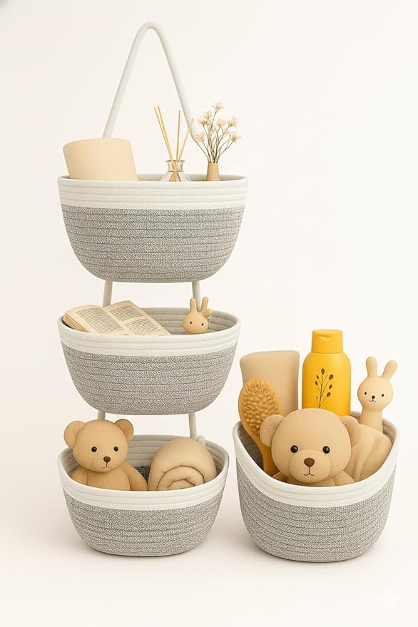 Japanese Handmade Cotton Rope Hanging Basket Organizer – 3 Tier Wall boho Storage Organizer for Toys , Snacks & Décor – Eco-Friendly Coiled Weaving Craft, Housewarming & Shower Gift (White&beige)