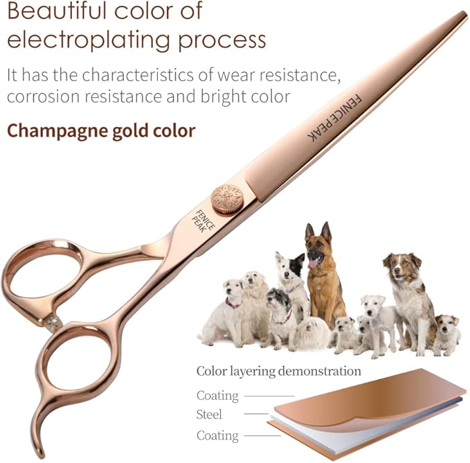 Fenice Peak Straight Dog Grooming Scissors Champagne Gold 440C Stainless Steel Professional Pet Trimming Scissors Sharp Blades Cutting for Dogs and Cats Shears