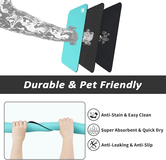 Dog Food Mat - Absorbent Cat Mat for Food and Water, No Stains Pet Feeding Bowl Mat, Easy to Clean Pet Placemats, Quick Dry Dog Water Dispenser Mat for Messy Drinkers | Paw Teal 24"x36"