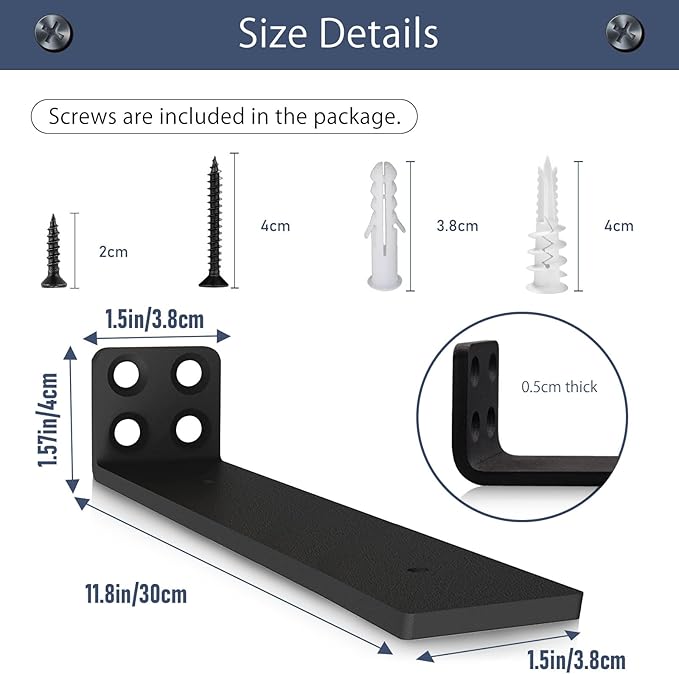 MLOQI 4 Pack Floating Shelf Bracket Heavy Duty, Hidden Shelf Brackets 5mm Thick L Brackets for Shelves up to 50 KG (Black 30cm)