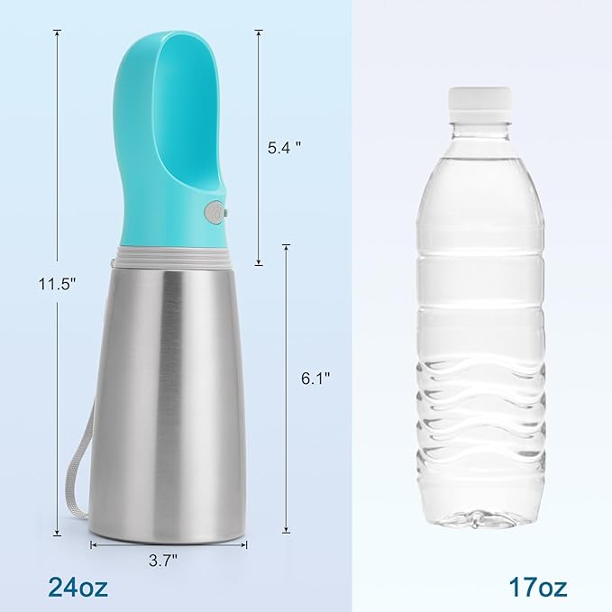 Portable Dog Water Bottle, 24 OZ, Stainless Steel Leak Proof Puppy Water Dispenser with Drinking Feeder for Pets Travel, Walking, Hiking and Outdoor Activities