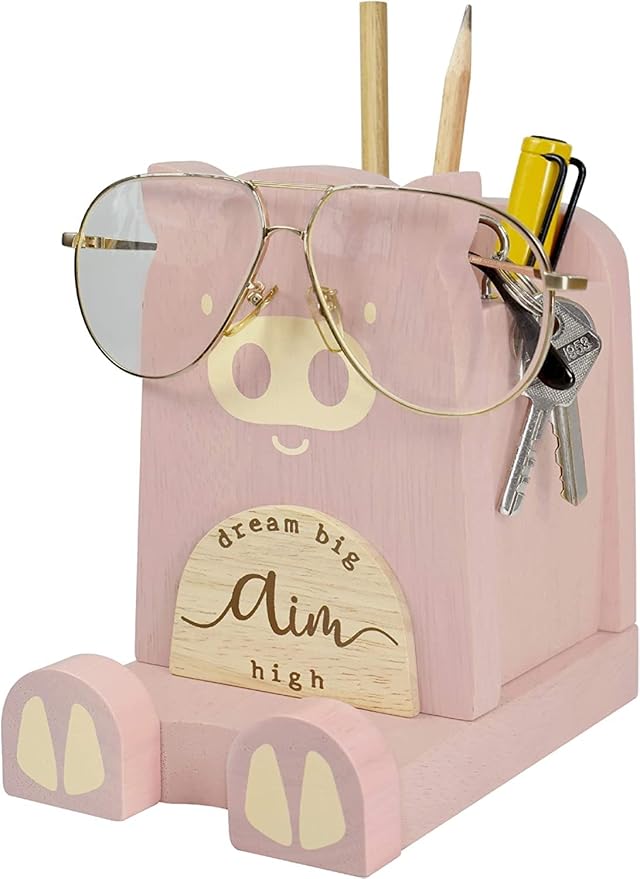 Wood Multipurpose Eyeglass Phone Pen & Pig Pencil Holder Stand Stationery Desk Box Organizer Accessories Decor, Home Office Desktop Decoration Birthday Graduation Gifts “Dream Big Aim High” (Piggy)