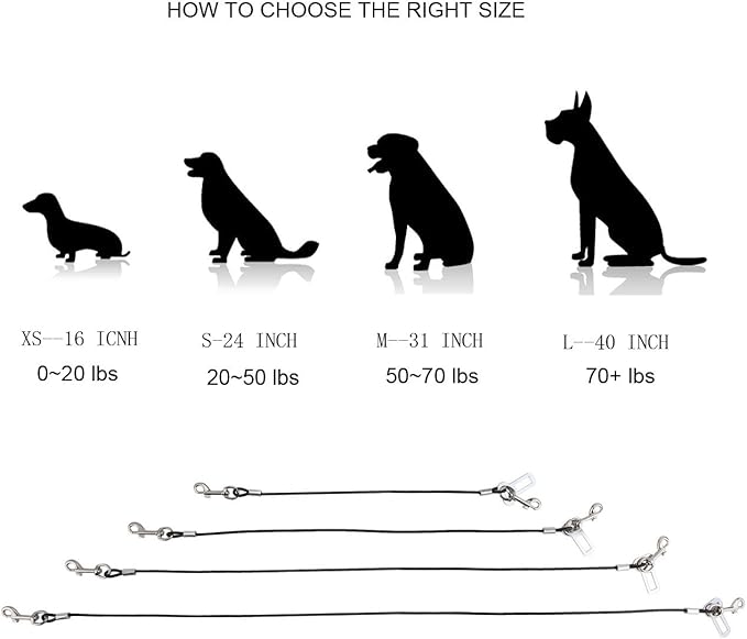 Mogoko Chew Proof Dog Car Seatbelt Safety Restraint Pet No-Chew Tether Cable Stainless Steel Dog Leash Puppy Vehicle Seat Belt Strap with Double Clip and Latch Attachment (16 inch) Black