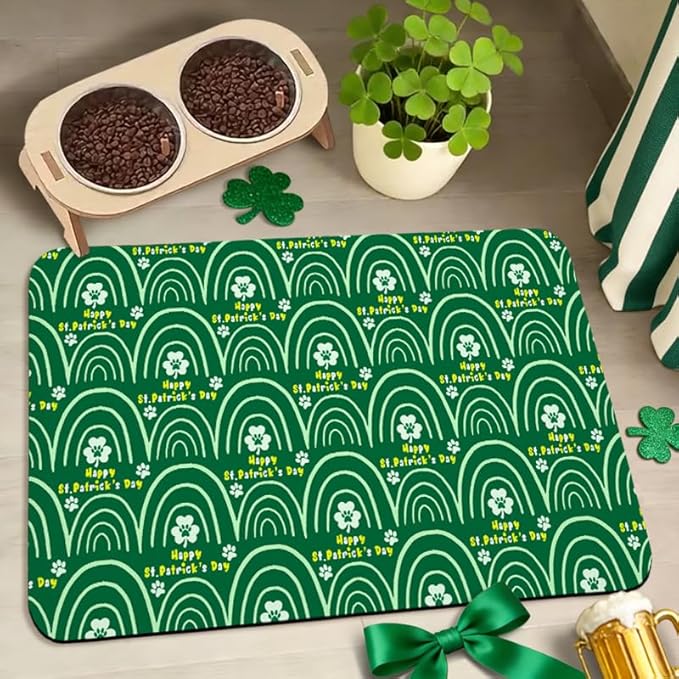 St Patrick's Day Dog Food Mats for Floors Waterproof, Cat Water Bowl Mats Pet Feeding Absorbent Placemats 16 * 24 inch