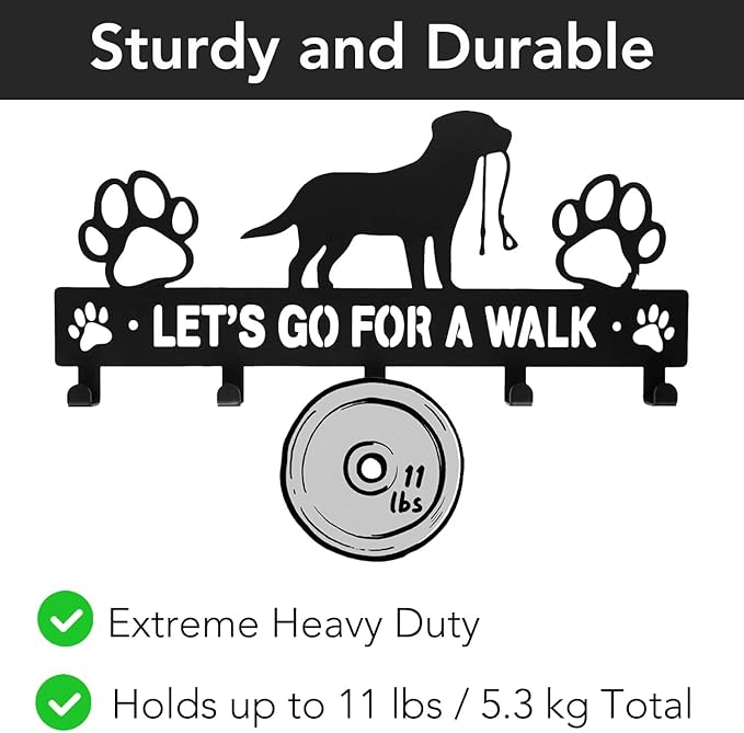 11 Inch 5-Hooks Heavy Duty Metal Dog Leash Holder for Wall - 1.5mm Thick, Rust Resistant with 4 Screws - Decorative Organizer for Collars, Leashes, Keys & Harnesses
