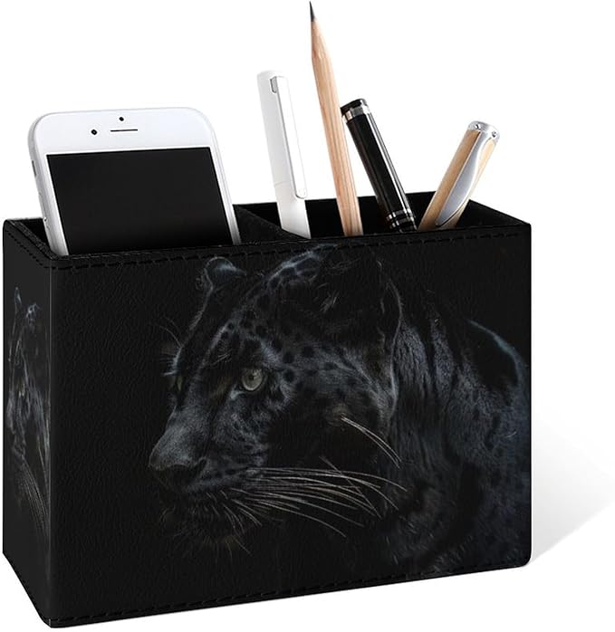 Famame Black Leopard Pencil Holder for Desk, Leather Desktop Container Pen Cup Storage Study Table Pen Organizer Makeup Brush Holder for Classroom Office Home