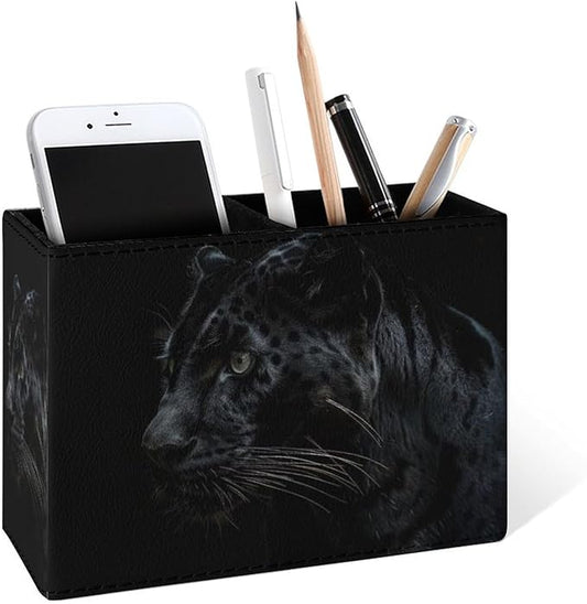 Famame Black Leopard Pencil Holder for Desk, Leather Desktop Container Pen Cup Storage Study Table Pen Organizer Makeup Brush Holder for Classroom Office Home