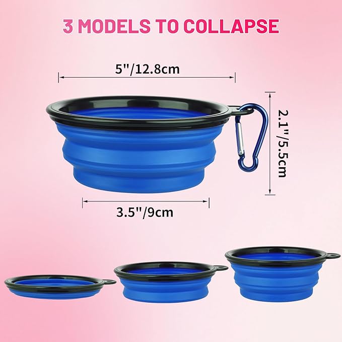 Dog Bowl Pet Collapsible Bowls, 2 Pack Collapsible Dog Water Bowls for Cats Dogs, Portable Pet Feeding Watering Dish for Walking Parking Traveling with 2 Carabiners (Small, Bule+Pink)