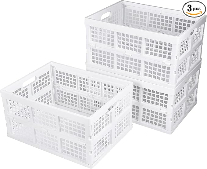 Aebeky 3-Pack Plastic Collapsible Storage Crates-30L,Foldable Plastic Crates for Storage (White)