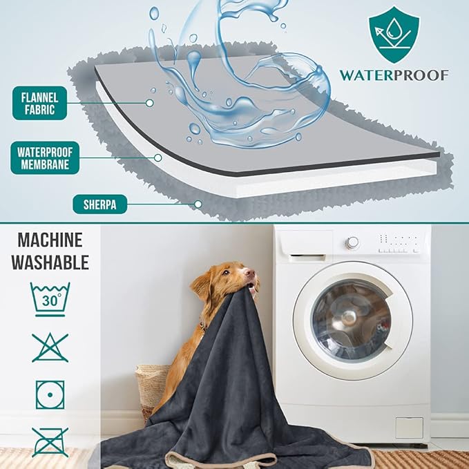 PetAmi Waterproof Dog Blanket for Small Medium Dogs, Pee Proof Pet Blanket for Couch Bed, Reversible Water Proof Blanket for Puppy Indoor Cat, Soft Dog Fleece Blankets Washable, 29x40 Gray/Beige
