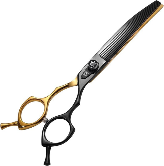 Fenice Peak Black and Golden Professional Curved Thinning Dog Grooming Scissors 7.5'' 440C Stainless Steel Thinner Shear Sharp and Durable with Decorative Screw
