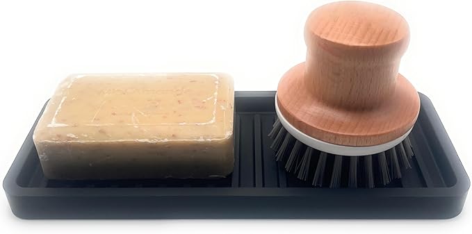 Happitasa Silicone Kitchen Sink Organizer Tray, Sponge Holder and Countertop Protector | Bathroom and Kitchen Soap Dish and Dispenser Tray (Black, 9"x3.5")