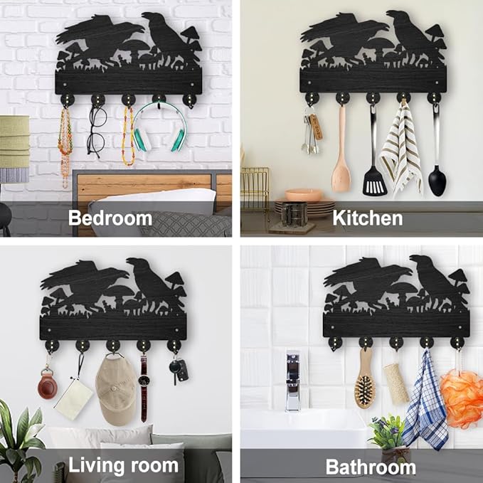 MAYJOYDIY Crow Coat Hooks Wall Mount Black Crow Mushroom Wood Key Holder for Wall 11.8×7.9inch Black Wall Art Decor Key Hooks 5 Alloy Hooks for Gift Entryway Living Room Kitchen Office