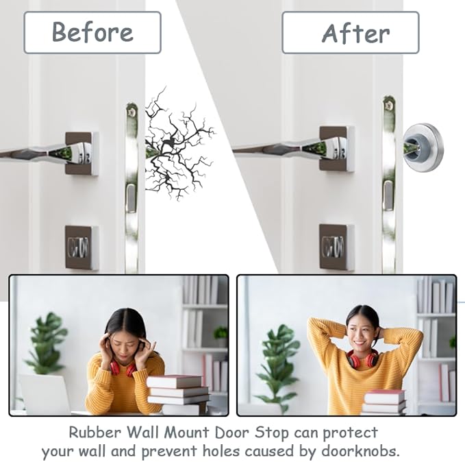 6pcs Concave Wall Door Stopper Bumper Door Stop Wall Mount Protector Stainless Round Rubber Handle Stoppers Knob Prevent Door Handle Damage Shield Walls (Grey)