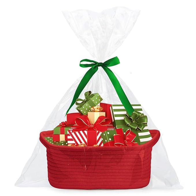 Poschnor Gift Basket with Gift Bags and Ribbons, Small Woven Rope Toy Storage Basket for Baby and Pet, 12"X 8" X 5", Red
