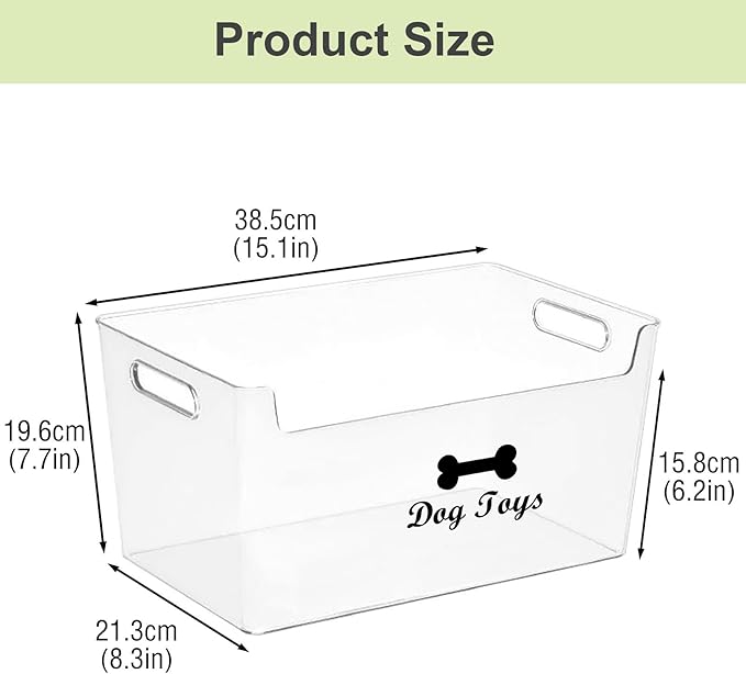 Dog Toy Basket with Handle - Clear Plastic Waterproof Dog Storage Organizer for Toys, Blankets, Leashes, Treats & Grooming Supplies - 1Pack