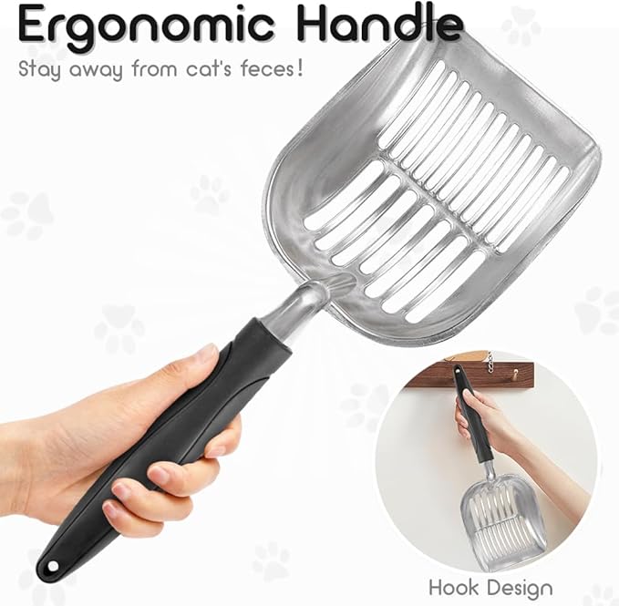 Showvigor Cat Litter Scoop, Metal Cat Scooper, Plastic Handle Scoop, Sifting Shovel – Heavy Duty Aluminum Alloy Litter Box Scoop with Deep Mesh, Design for Easy Waste Removal and Cleaning, (Black)
