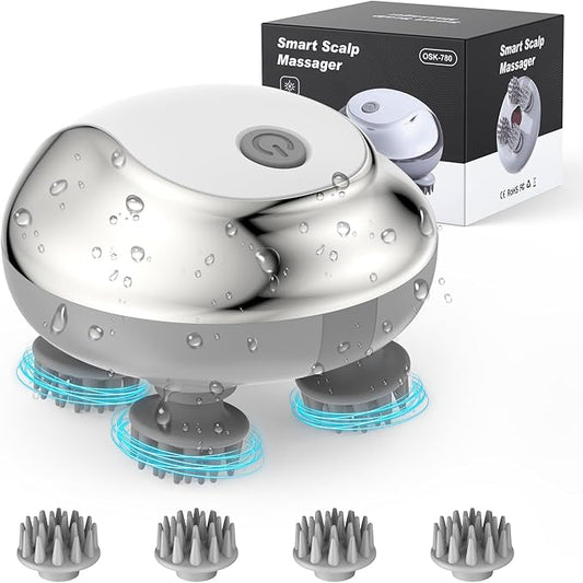 AMIR Electric Scalp Massager, Handheld Pet Massager for Dogs and Cats, Cat Head and Back Scratcher with 3 Speed Modes, 4 Massage Heads, Waterproof Electric Cat Massage Tool for Promote Bonding