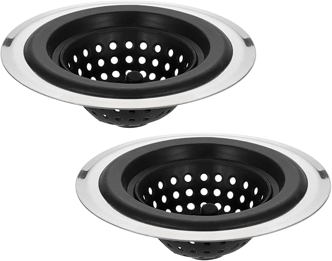 uxcell Silicone Sink Strainer, 2Pcs Kitchen Sink Drain Strainer Stopper with Detachable Stainless Steel Edge 4.7" Diameter Rim, Black