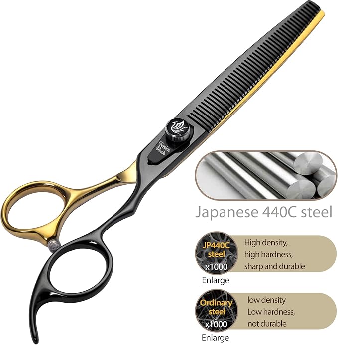 Fenice Peak 8'' Black and Gold Two-color Dog Grooming Scissors Set Straight Thinning Curved and Chunker Shears 4PCS Set with Pattern Screw and Ergonomic Offest Handle 440C Sharp and Durable