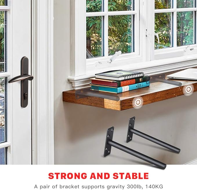 Hidden Floating Shelf Brackets Hardware- 6 Inch Heavy Duty Invisible Support for Shelves Eco Rustproof Black Finish Solid Stainless Steel with Screws and Plugs for Drywall Brickwall(4Pack)
