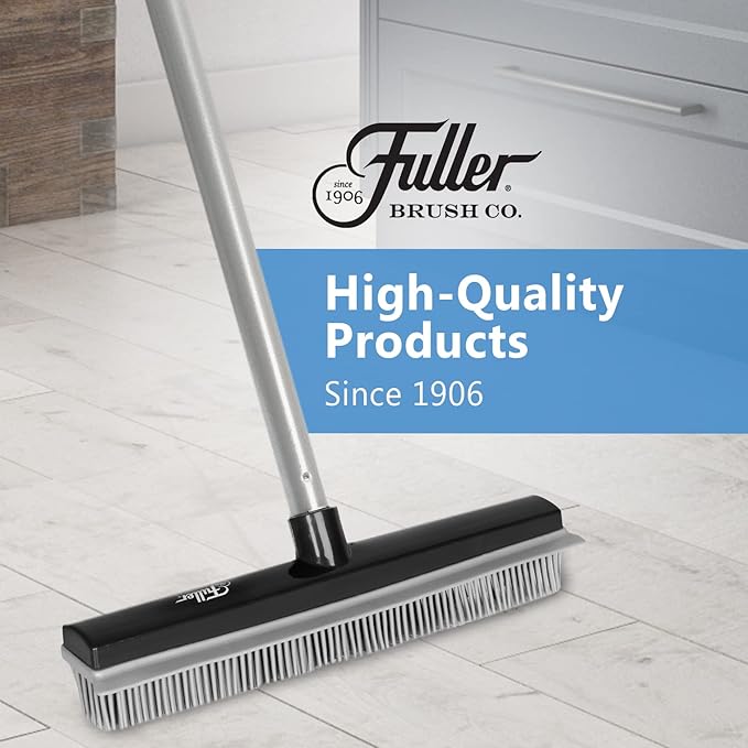 Fuller Brush Rubber Broom – for Carpets Floors Stairs Upholstery – Electrostatic Action Removes Pet Hair Lint Fuzz Dirt Particles – Built-in Squeegee Tackles Wet Messes (Complete Broom)