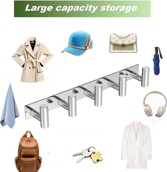 VINHOLD Wall Mounted Coat Rack-5 Hooks, Heavy Duty Stainless Steel Wall Hooks for Towel Coat Bag, Hat Rack Coat Hanger Coat Hooks Towel Racks for Bathroom Entryway Kitchen Hotel (Silvery, 1 Pack)