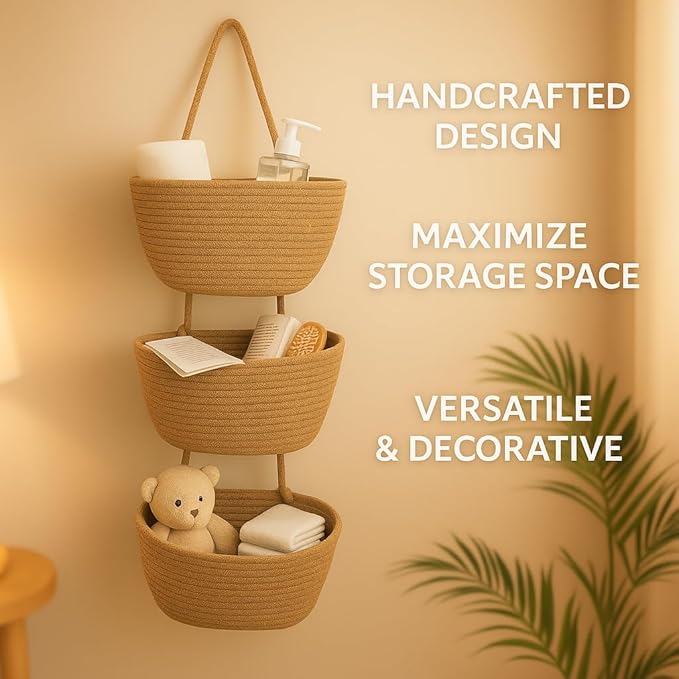 Japanese Handmade Cotton Rope Hanging Basket Organizer – 3 Tier Wall boho Storage Organizer for Toys , Snacks & Décor – Eco-Friendly Coiled Weaving Craft, Housewarming & Shower Gift (brown)