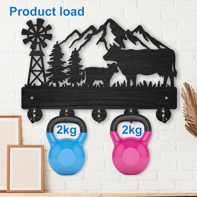 MAYJOYDIY Wall Mount Key Holder, Farmhouse Cow Design, 11.8x7.9 inch, 5 Alloy Hooks, Black Mountain Tree Decor