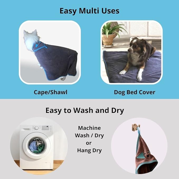 Penny & Niko Multi Purpose Microfiber Pet Towel - Drying Towel/Hooded Robe for Dogs and Cats (30 x 30-2 Pack, Blue/Gray)