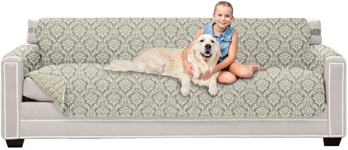 Sofa Shield Couch Slip Cover with Patented Strap, Cushion Protector, US Designed Reversible Stain and Dog Tear Resistant Slipcover, 88 inch Seat, Washable Covers for Dogs Pets, Damask Latte Ivory