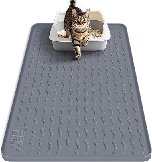 Large Silicone Cat Mat for Litter Box, 34"x22" Waterproof & Urine-Proof Pad with Litter-Trapping Waves, Non-Slip, Easy Clean & Paw-Safe (Gray)