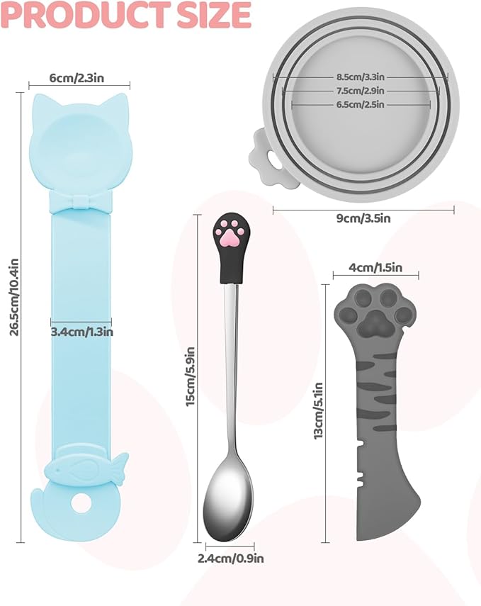 Aecsze 5 PCS Cat Food Can Covers Lids Set, Silicone Pet Food Can Lids with Multi-Function Cat Food Spoon and Opener, Cat Bar Squeezer, Stainless Steel Wet Food Spoon for Cats and Dogs (Grey)