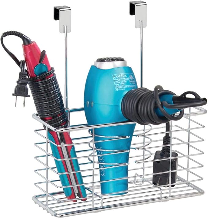 mDesign Steel Over Cabinet Hair Dryer Holder Storage, Chrome, 5.2in x 10.2in x 12.3in