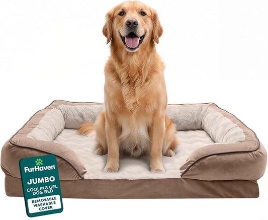 Furhaven Cooling Gel Dog Bed for Large Dogs w/ Removable Bolsters & Washable Cover, For Dogs Up to 95 lbs - Plush & Velvet Waves Perfect Comfort Sofa - Brownstone, Jumbo/XL