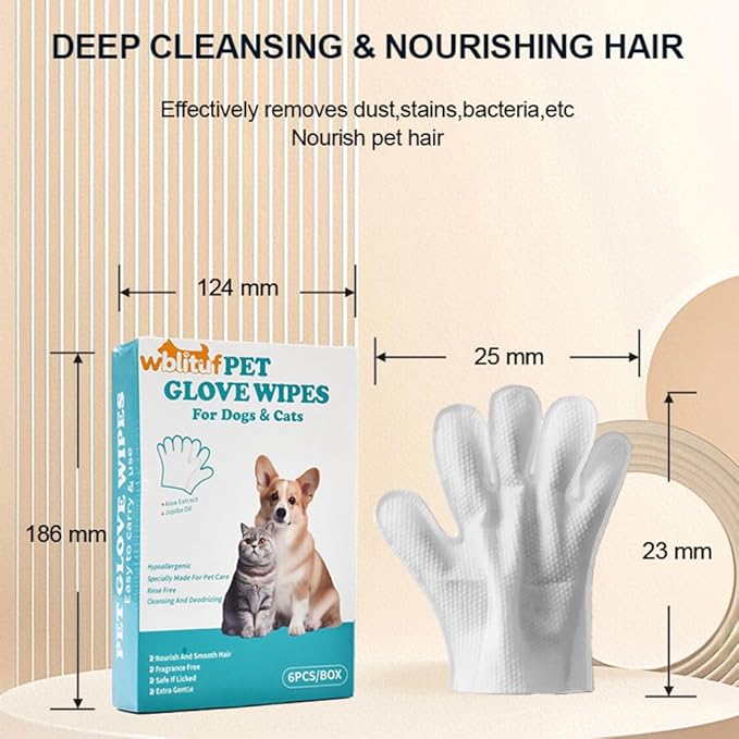 WBLITUF Pet Glove Wipes for Dogs and Cats - Dog Washing Gloves, Cat Bathing Wipes, [Individually Wrapped] 6 PCS, Cleaning & Deodorizing, Unscented,Hypoallergenic, Daily Care andTraveling.