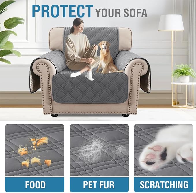 H.VERSAILTEX 100% Waterproof Chair Covers for Living Room Armchair Modern Couch Cover Furniture Protector Cover with Elastic Straps for Pets Kids Children Dog Cat(Chair, Grey/Beige)