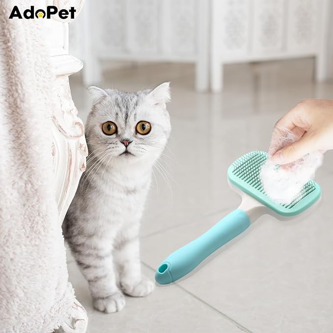 Adopet Self-Cleaning Pet Grooming Brush – Smooth Grooming Brush for Dogs and Cats, Easy Hair Removal with the Push of a Button, Gentle Shedding Remover for Small Pets, Comfortable Non-Slip Handle
