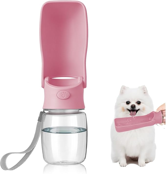 Foldable Dog Water Bottle, 2in1 Portable Leak Proof Puppy Drinking Bottle Dispenser for Puppy Small Medium Large Dogs, Dishwasher Safe Pet Accessories for Outdoor Traveling (Pink,12oz)