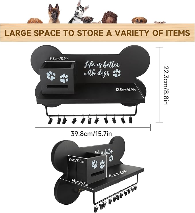Wood Dog Leash Holder for Wall, Key Hangers with 3 Double Key Holder for Wall, Dog Stuff Organizer and Doggie Bone Key Hooks Wall Mount for Entryway, Farmhouse Treats, Black