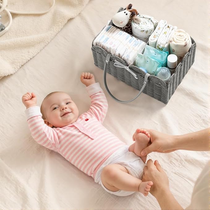HBlife Baby Diaper Caddy Organizer, Large Portable Scalloped Plastic Wicker Woven Basket with Divider, Nursery Diaper Station, Baby Shower Gifts Basket, Car Organizer, Washable Waterproof