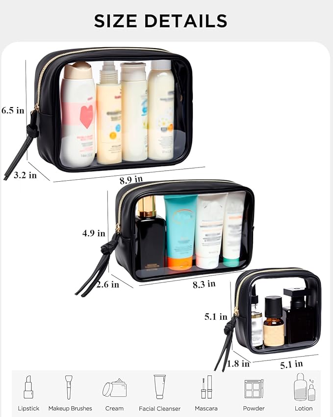 3Pcs Travel Clear Makeup Bag Set for Women, Transparent Toiletry Bag with Zipper Portable Makeup Pouch Organizer Waterproof Small Cosmetic Bag Compact Car Bag Organizer Car Accessories (Black Set)