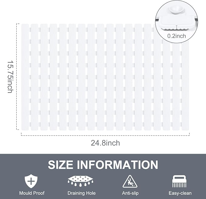 Yolife Quick Drain Shower Mat, 24.8 x 15.8 inch Power Grip Shower Mat Non Slip, Raised Non Slip Shower Mats for Inside Shower, Heavy Duty Curlable Stand up Shower Floor Mat,White