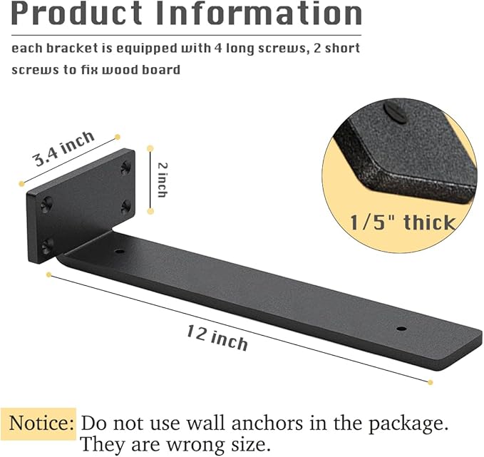 16 Pack Shelf Brackets 12 Inch Floating Shelf Bracket 1/5 inch Thick Heavy Duty Hidden Shelf Brackets Iron Metal Brackets for Shelf Support with Screw Included