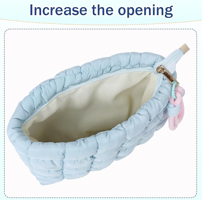 Puffy Quilted Makeup Bag Cosmetic Bag Equipped with a Detachable Handle Cute Zipper Pouch for Storage Clutch for Women(Blue)