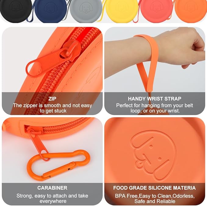 WALLFID Silicone Dog Treat Pouch Small Bag,2PCS Pet Walking Bag for Dog and Cat,Pocket Size,Easy to Clean,Odorless,Zipper Design,Moisture-Proof,Travel Walking Bag,Portable Training Bag. (Orange&Red)